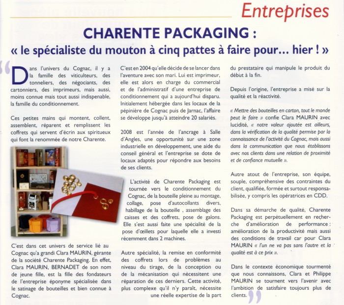 Parution de Charente Packaging spécialiste de l'emballage Cognac dans Entreprise Charente