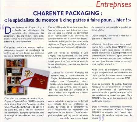 Parution de Charente Packaging dans Entreprise Charente